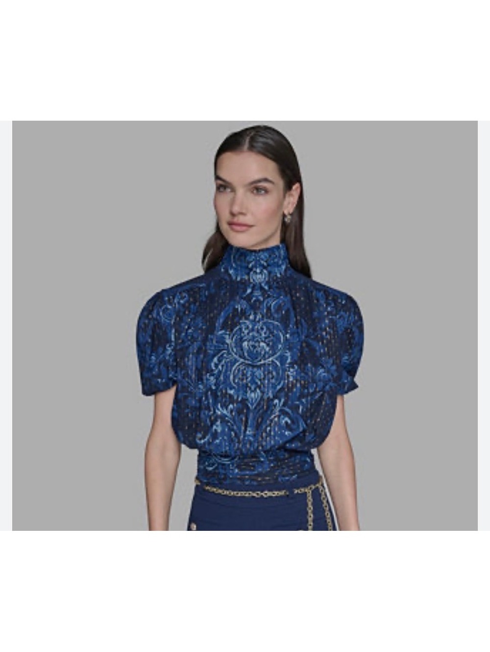 Karl Lagerfeld Paris Blue Damask Metallic Knit Puff-Sleeve Mock Neck Top